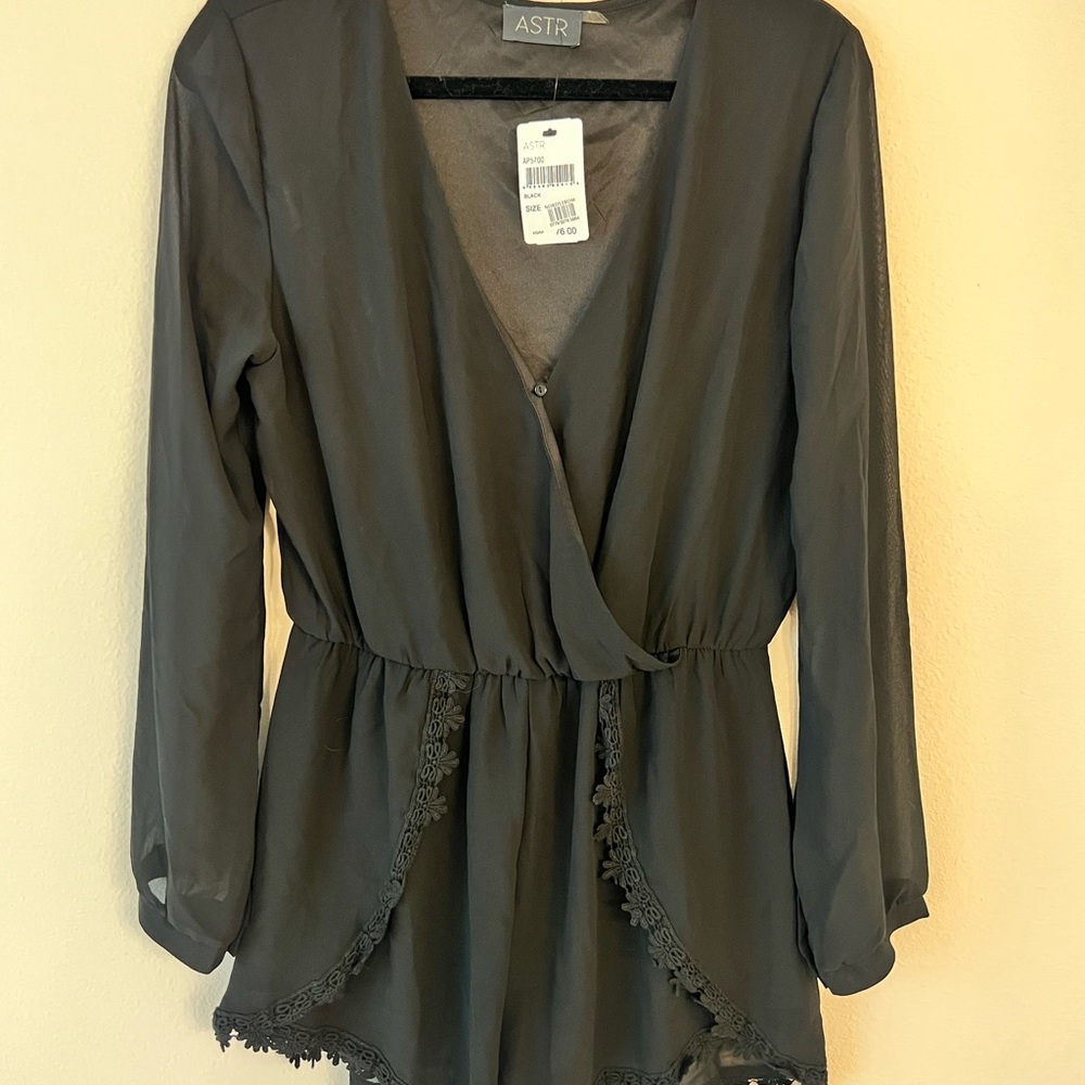 ASTR Black Long Sleeve Lace-Trim Surplice Romper